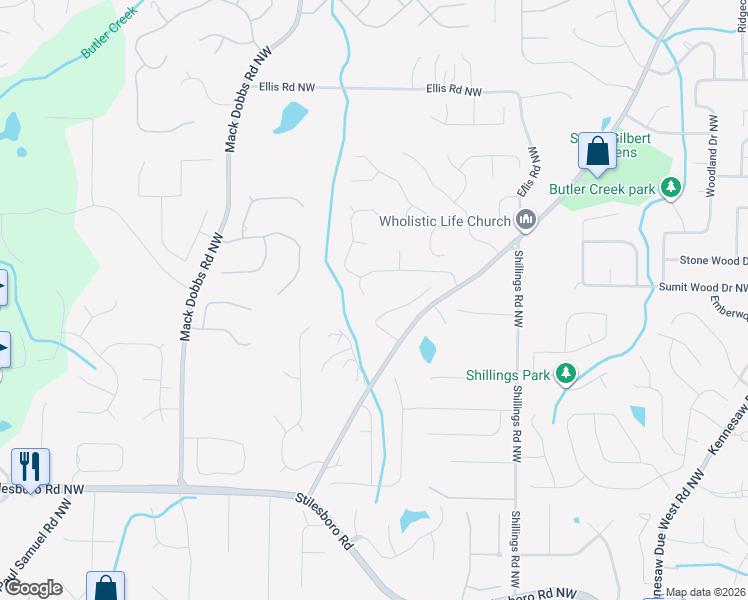 map of restaurants, bars, coffee shops, grocery stores, and more near 2837 Crestwicke Drive Northwest in Kennesaw