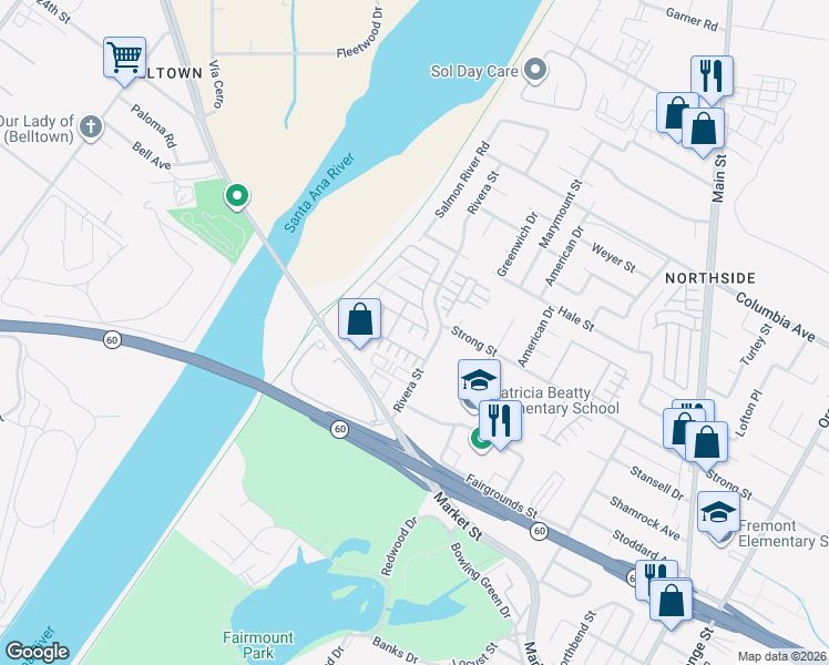 map of restaurants, bars, coffee shops, grocery stores, and more near 1779 Edmon Way in Riverside