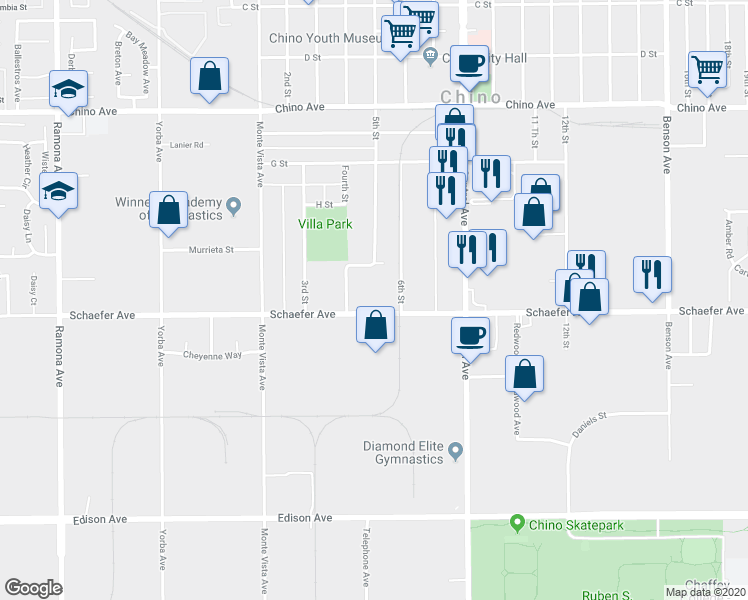 map of restaurants, bars, coffee shops, grocery stores, and more near 5078 Schaefer Avenue in Chino