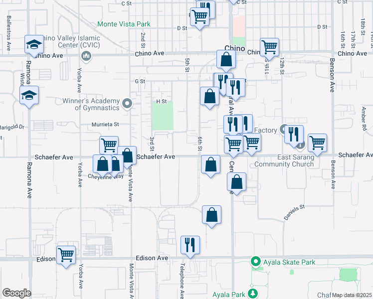 map of restaurants, bars, coffee shops, grocery stores, and more near 5078 Schaefer Avenue in Chino