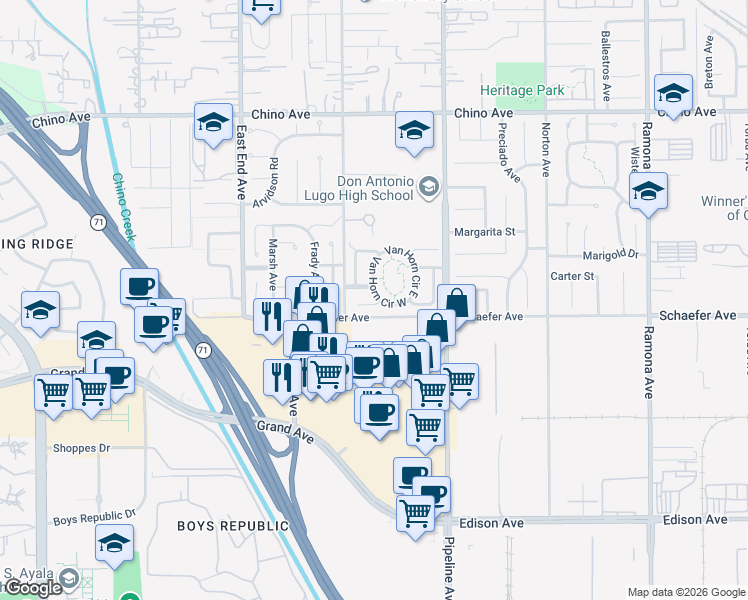 map of restaurants, bars, coffee shops, grocery stores, and more near 3956 Jose Court in Chino