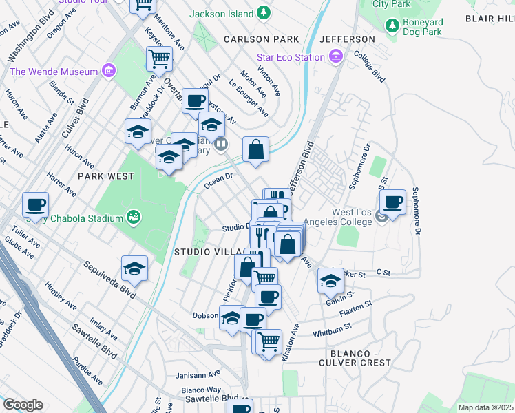 map of restaurants, bars, coffee shops, grocery stores, and more near 5136 Pickford Way in Culver City
