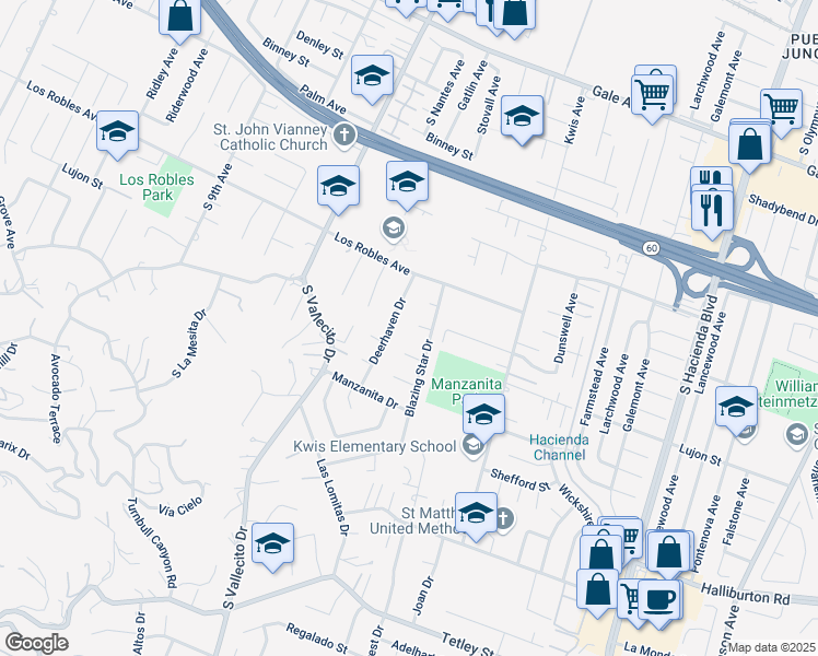 map of restaurants, bars, coffee shops, grocery stores, and more near 15366 Calle Redonda in Hacienda Heights