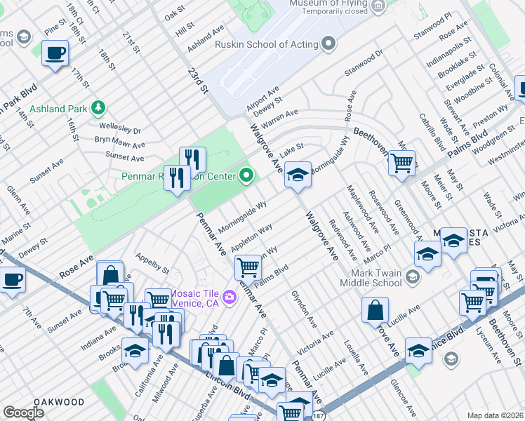 map of restaurants, bars, coffee shops, grocery stores, and more near 1328 Morningside Way in Los Angeles