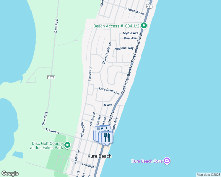 map of restaurants, bars, coffee shops, grocery stores, and more near 312 Kure Dunes Lane in Kure Beach