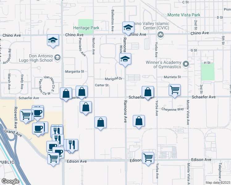 map of restaurants, bars, coffee shops, grocery stores, and more near 13672 Daisy Court in Chino