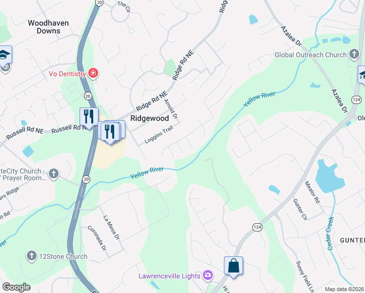 map of restaurants, bars, coffee shops, grocery stores, and more near 419 Devon Creek Court Northeast in Lawrenceville