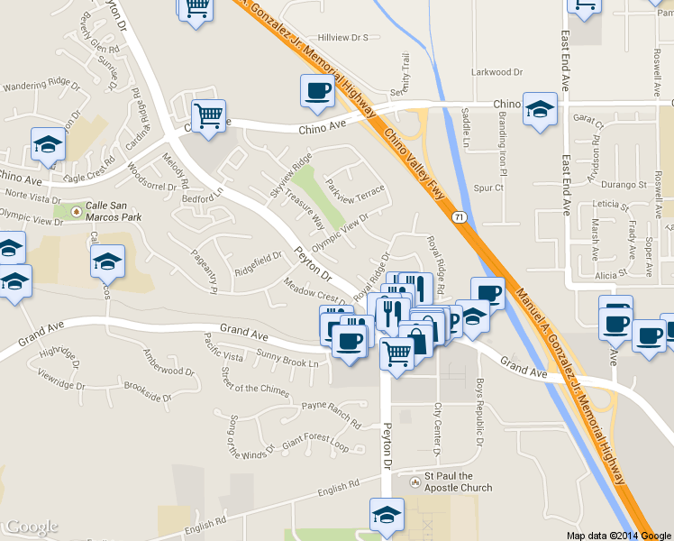 map of restaurants, bars, coffee shops, grocery stores, and more near 13592 Crescent Hill Drive in Chino Hills