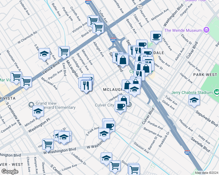 map of restaurants, bars, coffee shops, grocery stores, and more near 4036 Minerva Avenue in Los Angeles