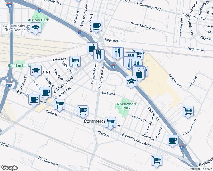 map of restaurants, bars, coffee shops, grocery stores, and more near 5514 Plaza Street in Commerce