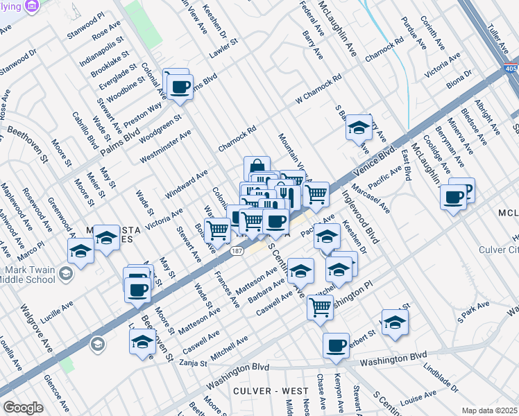 map of restaurants, bars, coffee shops, grocery stores, and more near Verona Court in Carson