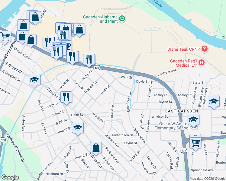 map of restaurants, bars, coffee shops, grocery stores, and more near 909 Lay Street in Gadsden