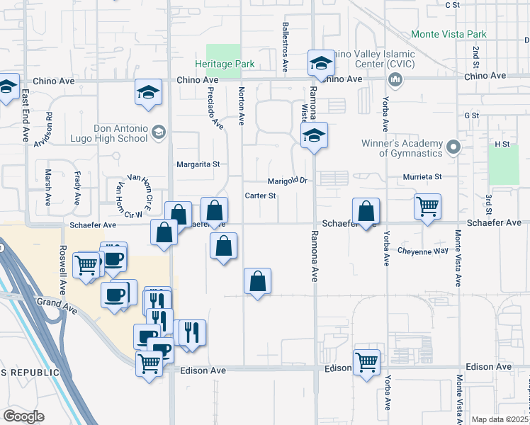 map of restaurants, bars, coffee shops, grocery stores, and more near 13671 Ford Place in Chino