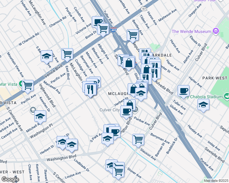 map of restaurants, bars, coffee shops, grocery stores, and more near 4036 Minerva Avenue in Los Angeles