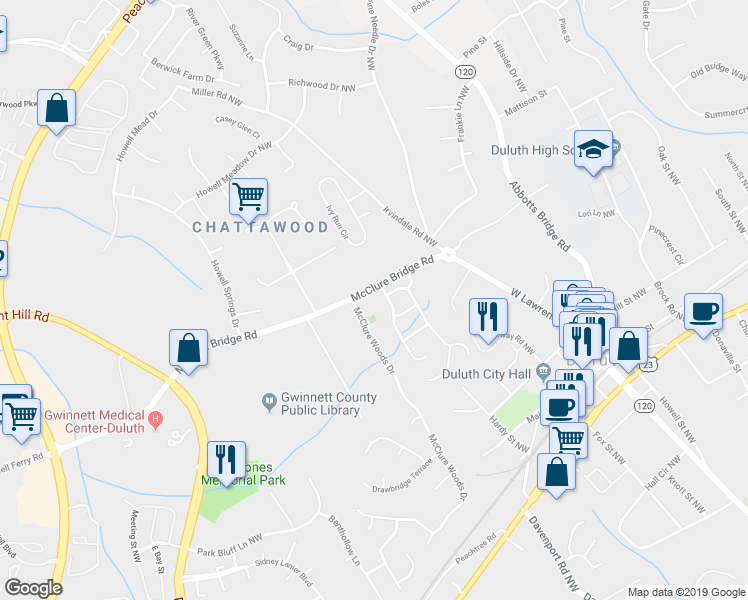 map of restaurants, bars, coffee shops, grocery stores, and more near 3294 McClure Bridge Road in Duluth