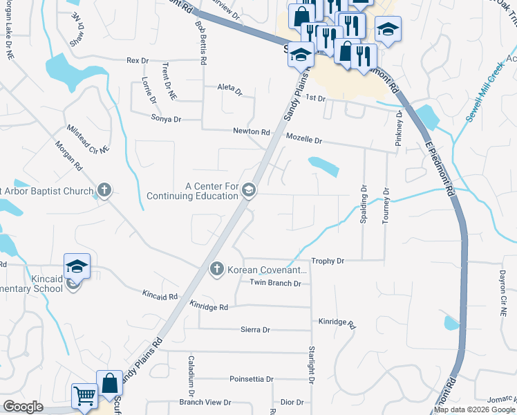 map of restaurants, bars, coffee shops, grocery stores, and more near 2086 Arrowhead Trail in Marietta