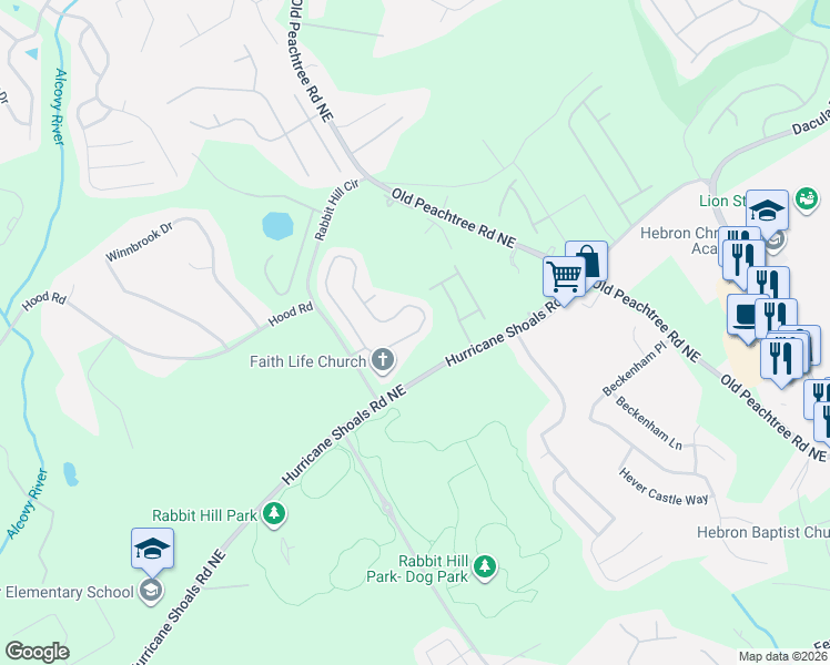 map of restaurants, bars, coffee shops, grocery stores, and more near Peach Shoals Circle in Dacula