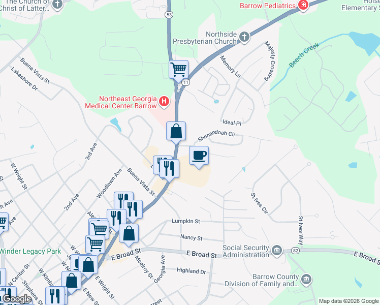 map of restaurants, bars, coffee shops, grocery stores, and more near 295 North Broad Street in Winder