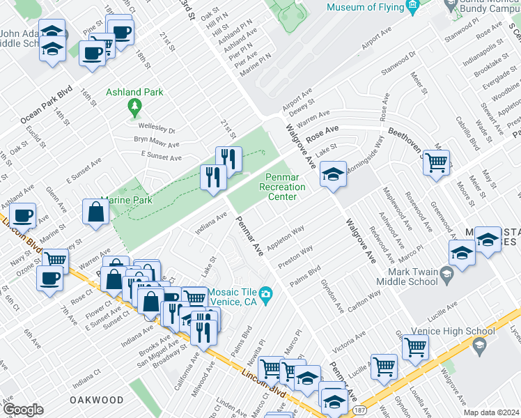 map of restaurants, bars, coffee shops, grocery stores, and more near 1506 Walnut Avenue in Los Angeles