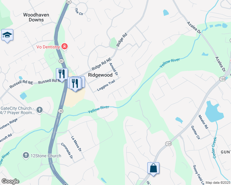 map of restaurants, bars, coffee shops, grocery stores, and more near 1143 Park Hollow Lane Northeast in Lawrenceville