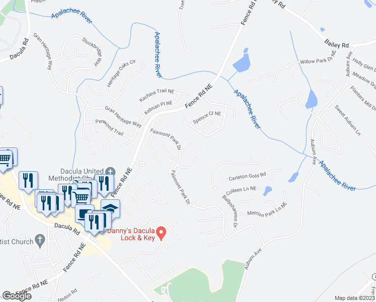 map of restaurants, bars, coffee shops, grocery stores, and more near 2737 Ballyshannon Court in Dacula