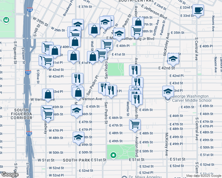 map of restaurants, bars, coffee shops, grocery stores, and more near 287 East 43rd Place in Los Angeles