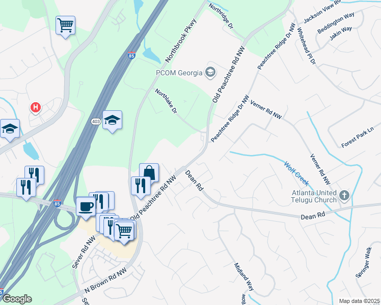 map of restaurants, bars, coffee shops, grocery stores, and more near 801 Old Peachtree Road Northwest in Lawrenceville