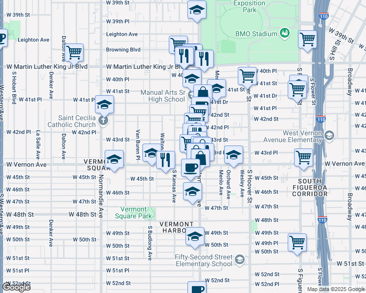 map of restaurants, bars, coffee shops, grocery stores, and more near 1040 West 43rd Street in Los Angeles