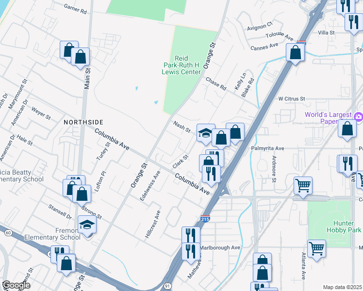 map of restaurants, bars, coffee shops, grocery stores, and more near 1099 Clark Street in Riverside