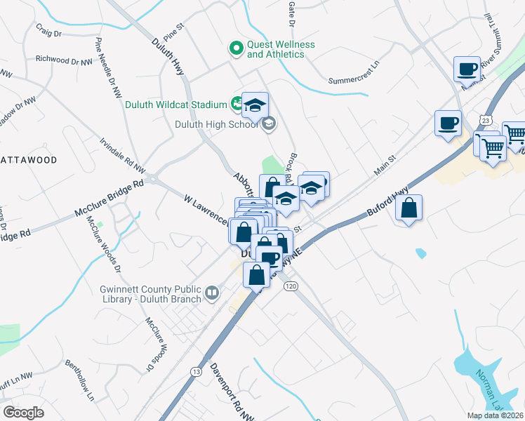 map of restaurants, bars, coffee shops, grocery stores, and more near 3045 Hill Street Northwest in Duluth