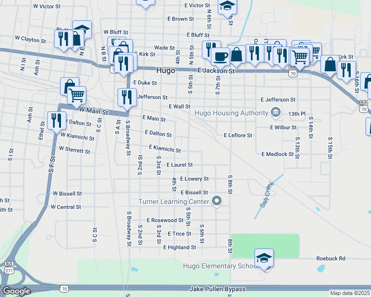 map of restaurants, bars, coffee shops, grocery stores, and more near 512 South 5th Street in Hugo