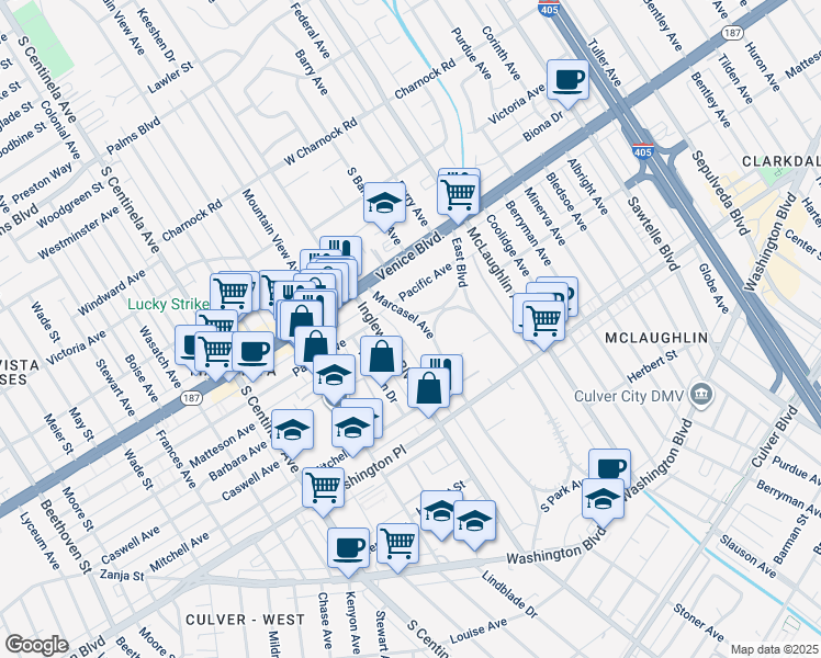 map of restaurants, bars, coffee shops, grocery stores, and more near 3875 Marcasel Avenue in Los Angeles