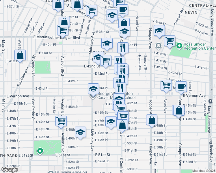 map of restaurants, bars, coffee shops, grocery stores, and more near 975 East 43rd Place in Los Angeles