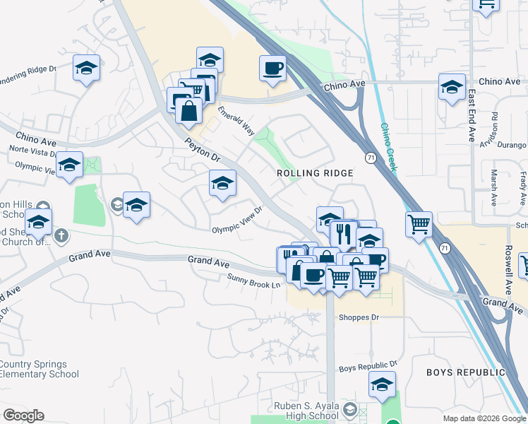 map of restaurants, bars, coffee shops, grocery stores, and more near 3091 Olympic View Drive in Chino Hills