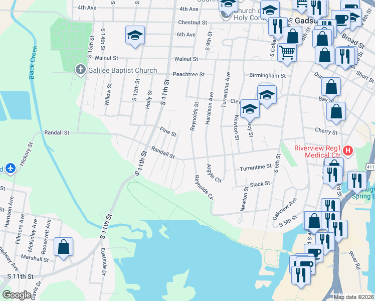 map of restaurants, bars, coffee shops, grocery stores, and more near 631 Reynolds Street in Gadsden