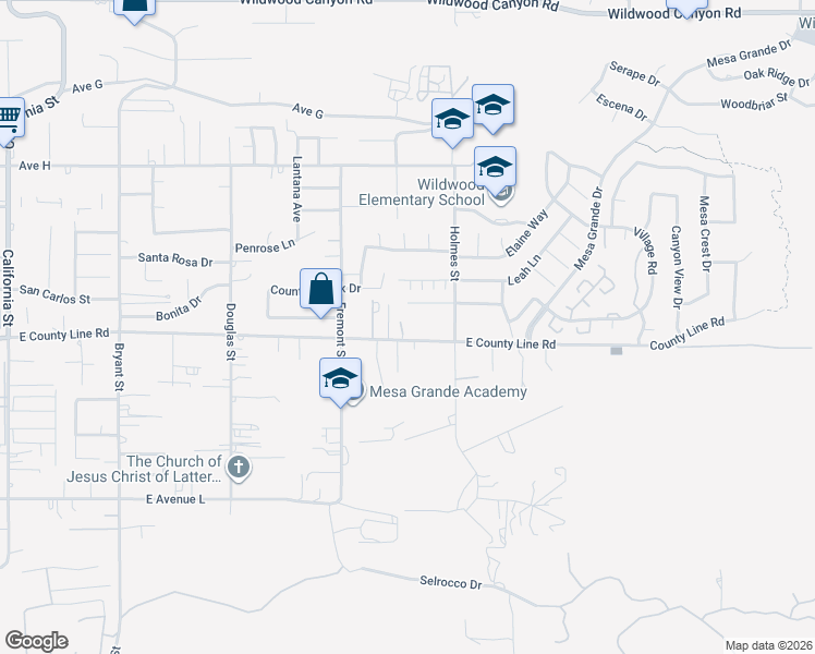 map of restaurants, bars, coffee shops, grocery stores, and more near 35842 County Line Road in Yucaipa