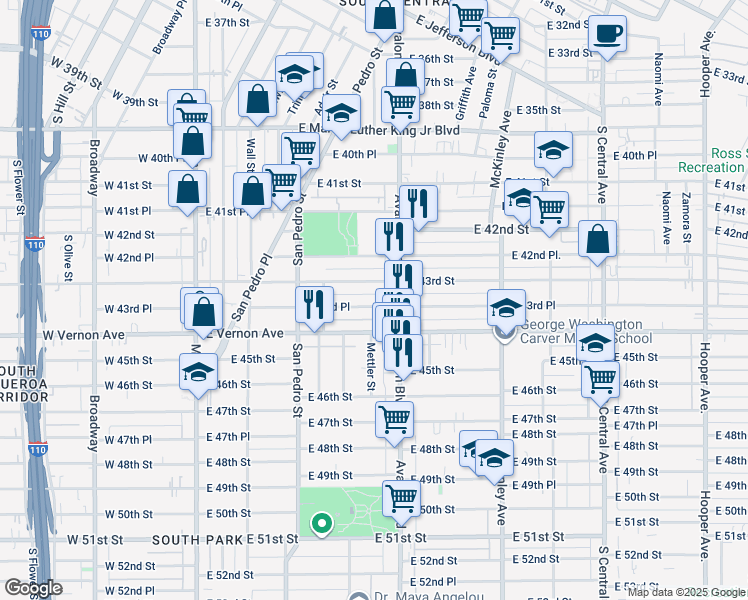 map of restaurants, bars, coffee shops, grocery stores, and more near 475 East 43rd Place in Los Angeles