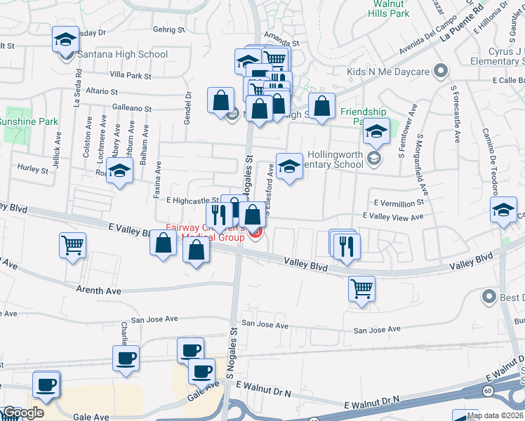 map of restaurants, bars, coffee shops, grocery stores, and more near 4037 South Ellesford Avenue in West Covina