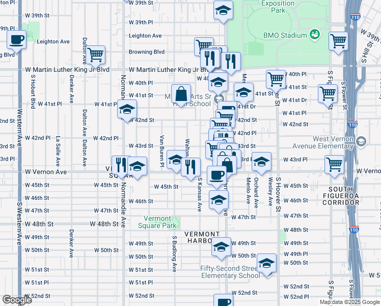 map of restaurants, bars, coffee shops, grocery stores, and more near 4312 Walton Avenue in Los Angeles