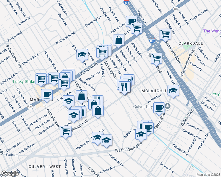 map of restaurants, bars, coffee shops, grocery stores, and more near 3948 East Blvd in Los Angeles