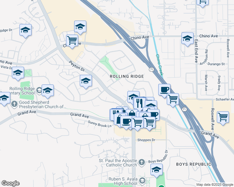 map of restaurants, bars, coffee shops, grocery stores, and more near 13592 Crescent Hill Drive in Chino Hills