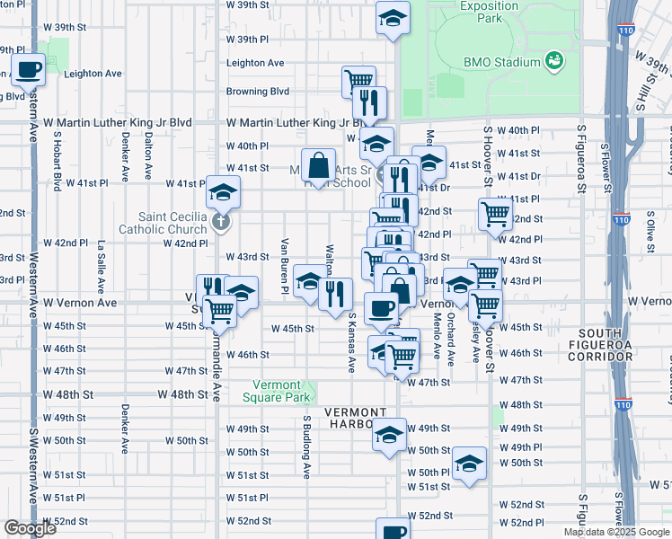 map of restaurants, bars, coffee shops, grocery stores, and more near 4312 Walton Avenue in Los Angeles