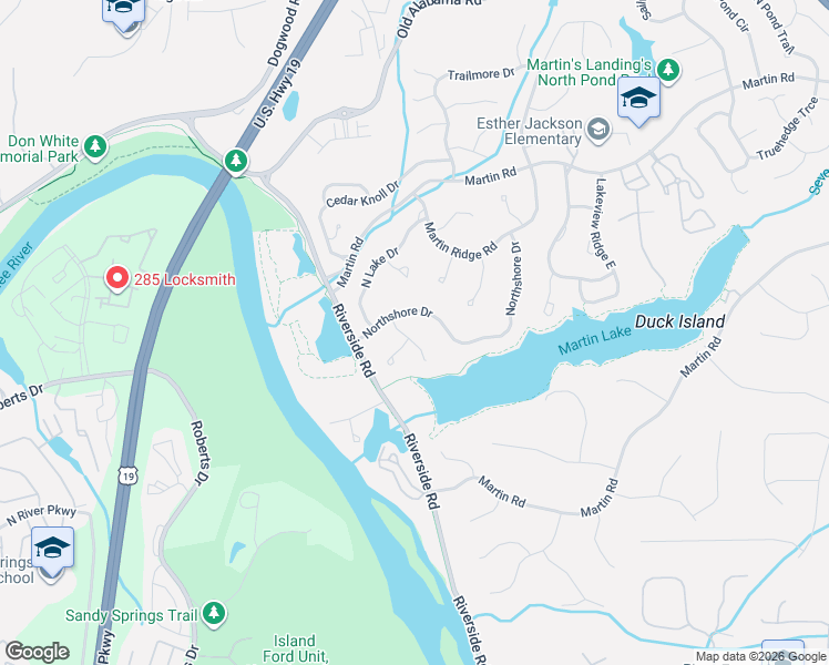 map of restaurants, bars, coffee shops, grocery stores, and more near 9300 Martins Lake Drive in Roswell