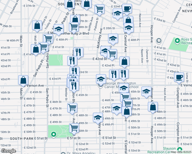 map of restaurants, bars, coffee shops, grocery stores, and more near 811 East 43rd Place in Los Angeles