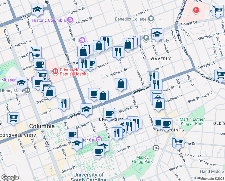 map of restaurants, bars, coffee shops, grocery stores, and more near 1227 Barnwell Street in Columbia