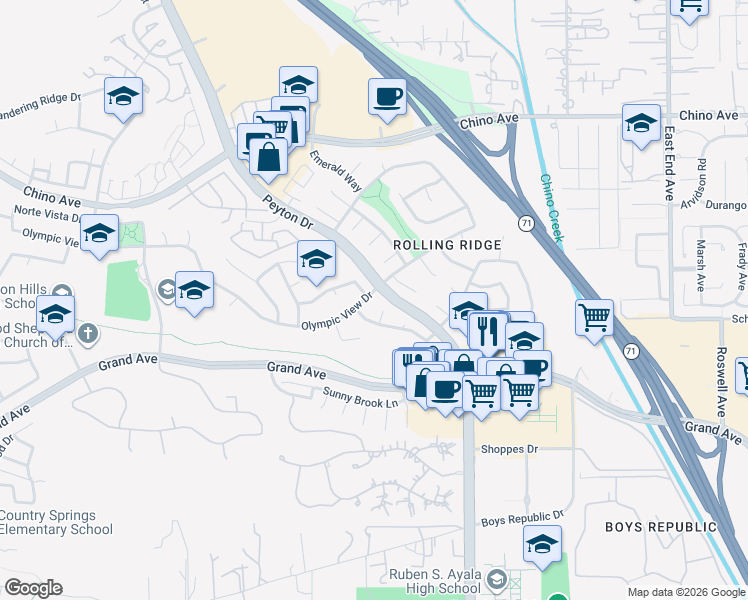 map of restaurants, bars, coffee shops, grocery stores, and more near 3091 Olympic View Drive in Chino Hills