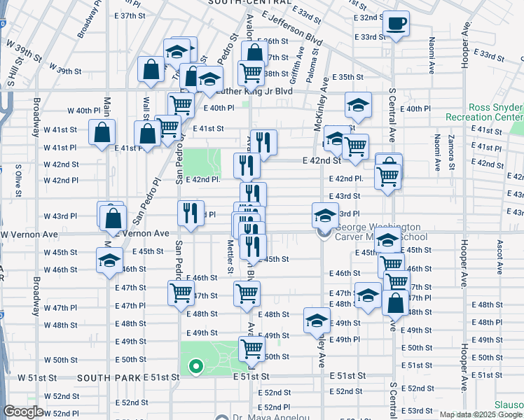 map of restaurants, bars, coffee shops, grocery stores, and more near 633 E 43rd Pl in Los Angeles