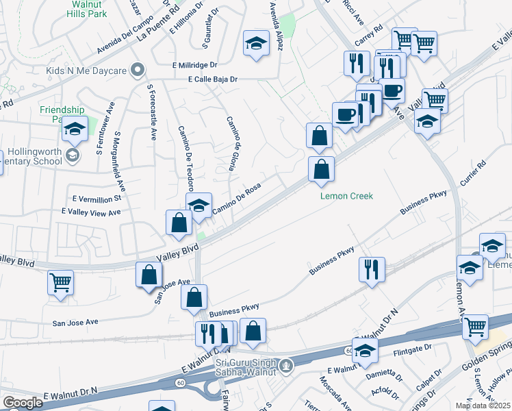 map of restaurants, bars, coffee shops, grocery stores, and more near 19861 Valley Boulevard in Walnut
