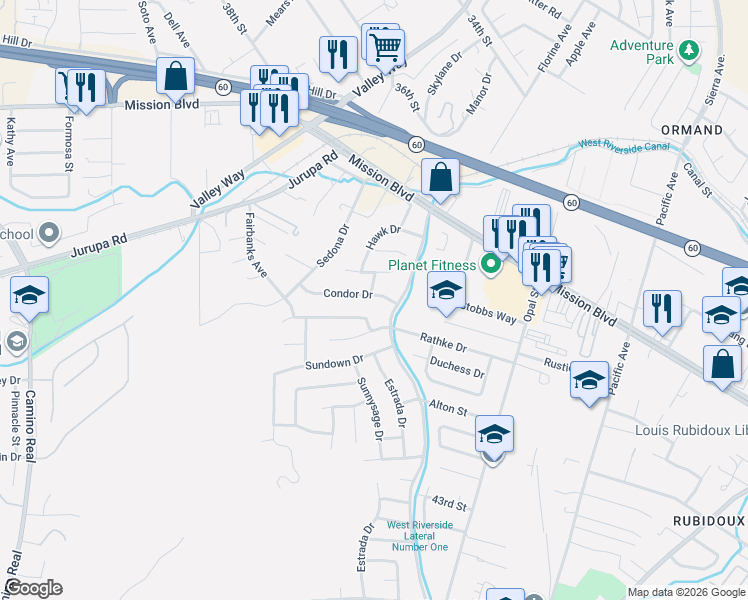 map of restaurants, bars, coffee shops, grocery stores, and more near 6630 Condor Drive in Riverside