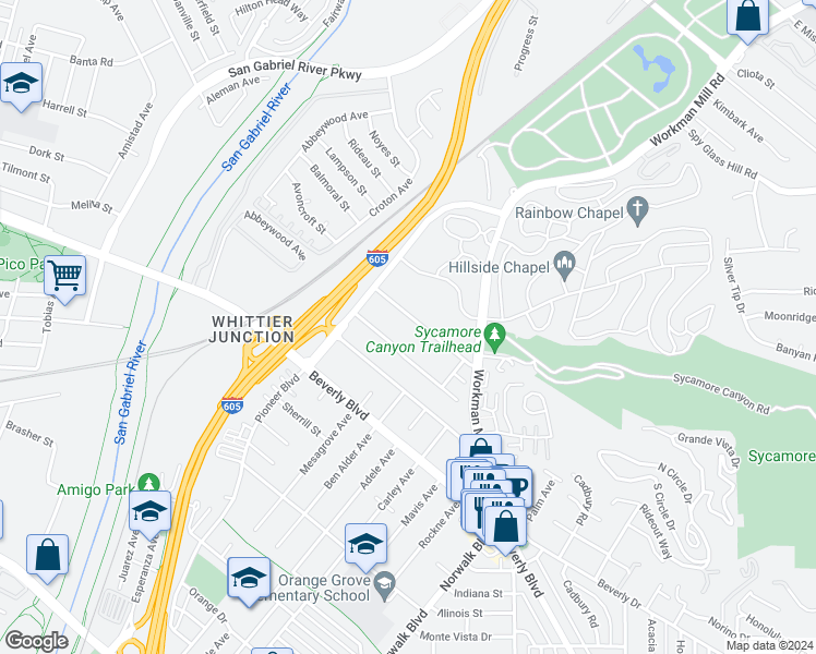 map of restaurants, bars, coffee shops, grocery stores, and more near 10312 Strong Avenue in Whittier